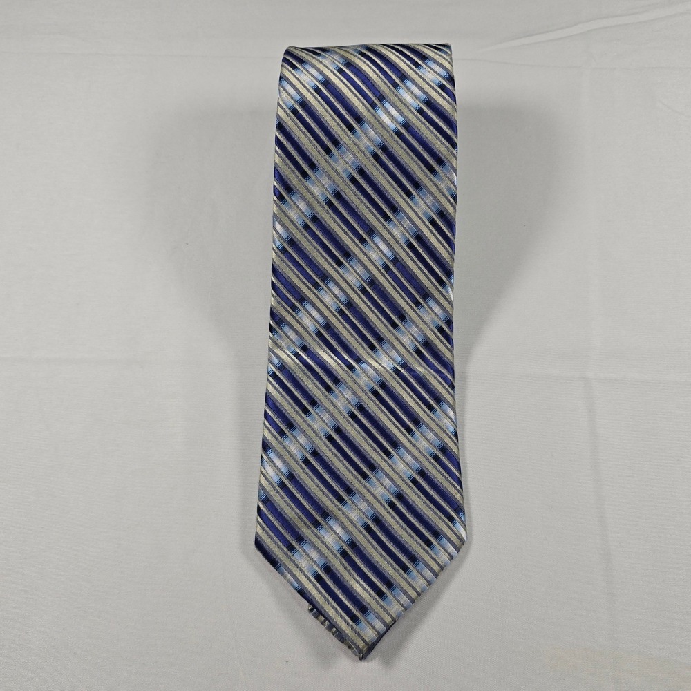 Corsicano Mens Blue Silver Striped Microfiber Handmade Necktie Classic Tie